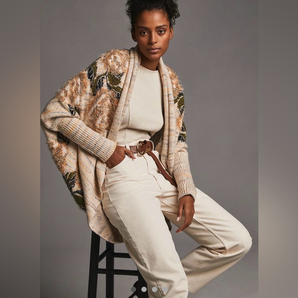 Anthropologie Cream and Brown Patterned Cardigan